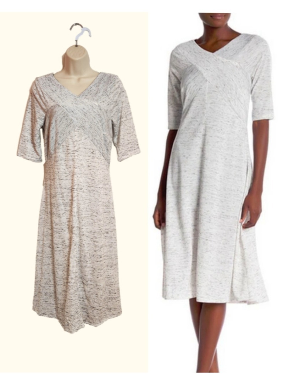 Rabbit Rabbit Rabbit French Terry Grey White Marled V-Neck Midi A-Line Dress 6